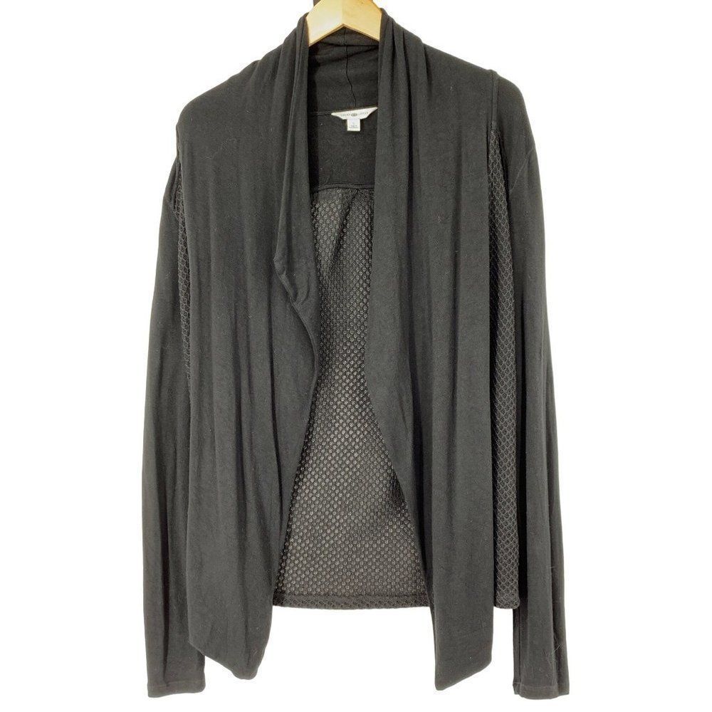 Lucky Lotus Drape Black Mesh Cardigan Shawl Collar Size Small 2876 Womens EUC